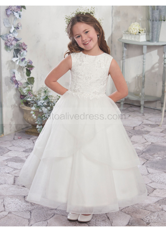 Beaded Lace Ruffle Tulle Ankle Length Flower Girl Dress With Horsehair Hem